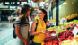 Zwei Frauen sprechen miteinander am Gemüsestand auf einem Markt auf Reisen